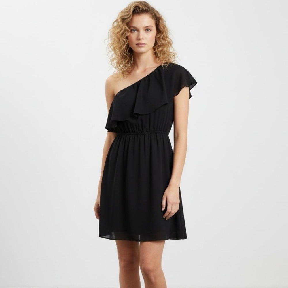 Fab'rik One Shoulder Ruffled Black Midi Cocktail Dress